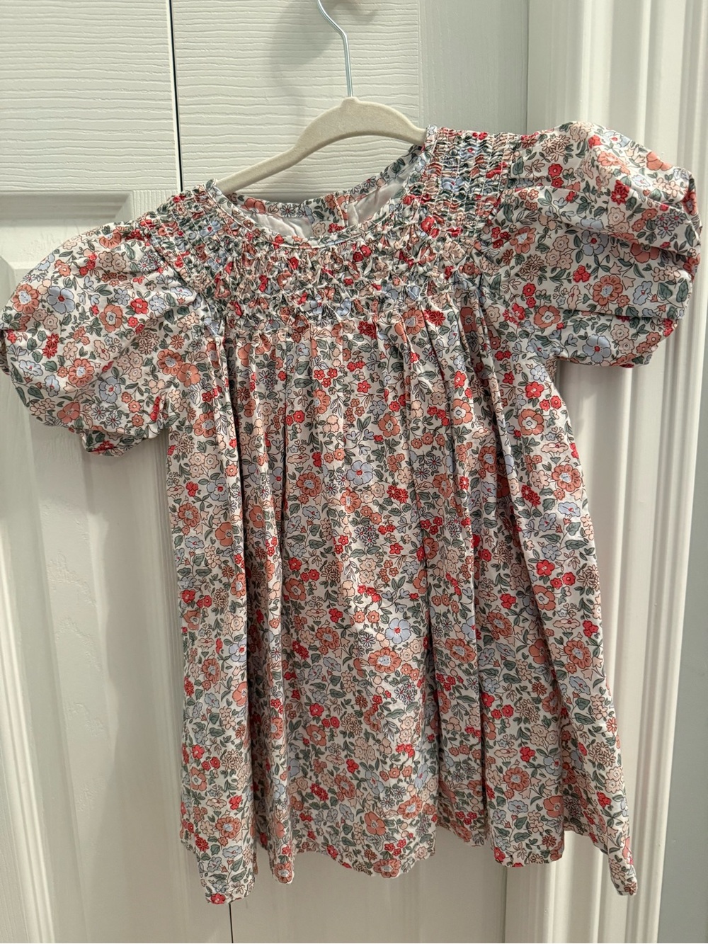 Marks & Spencer Floral Smocked Puff Sleeve Dress - White, Red, Green, Blue